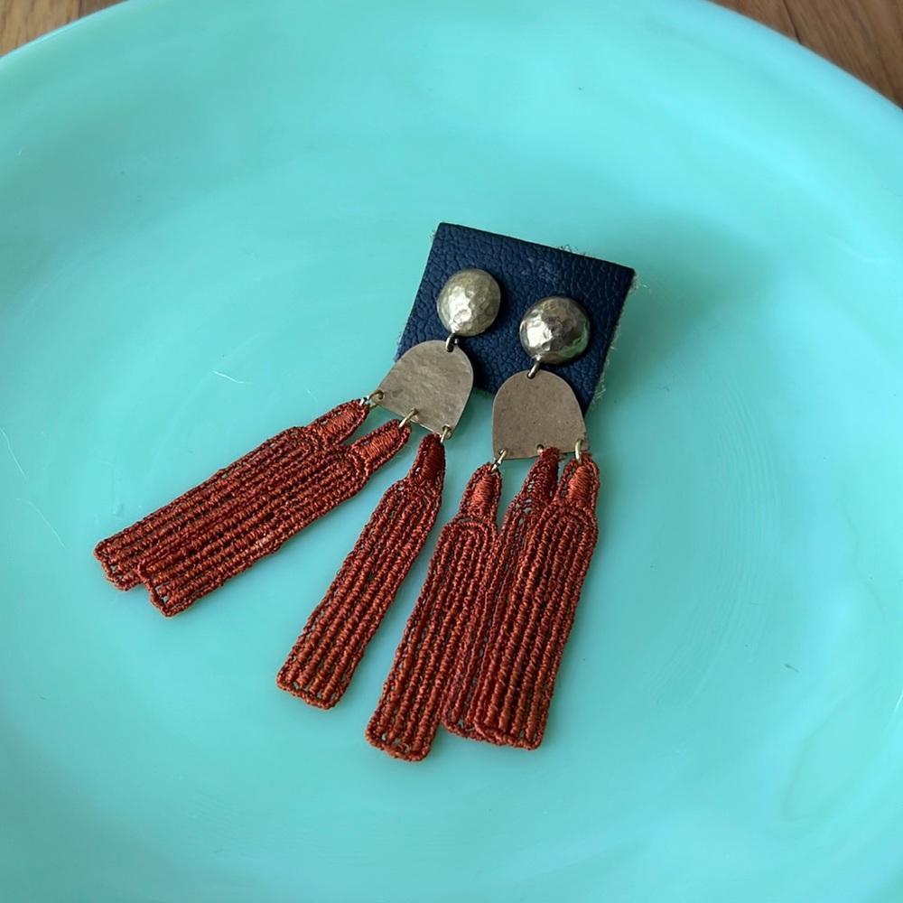 Vintage Hand Dyed Lace & Brass Color Earrings